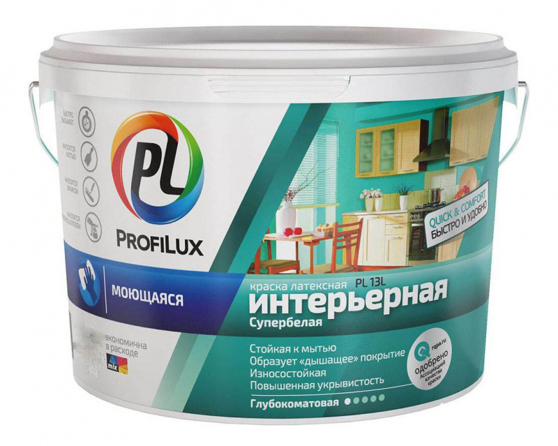 Краска для стен и потолков для влажных помещений латексная Profilux PL-13L глубокоматовая супербелая база 1 14 кг.