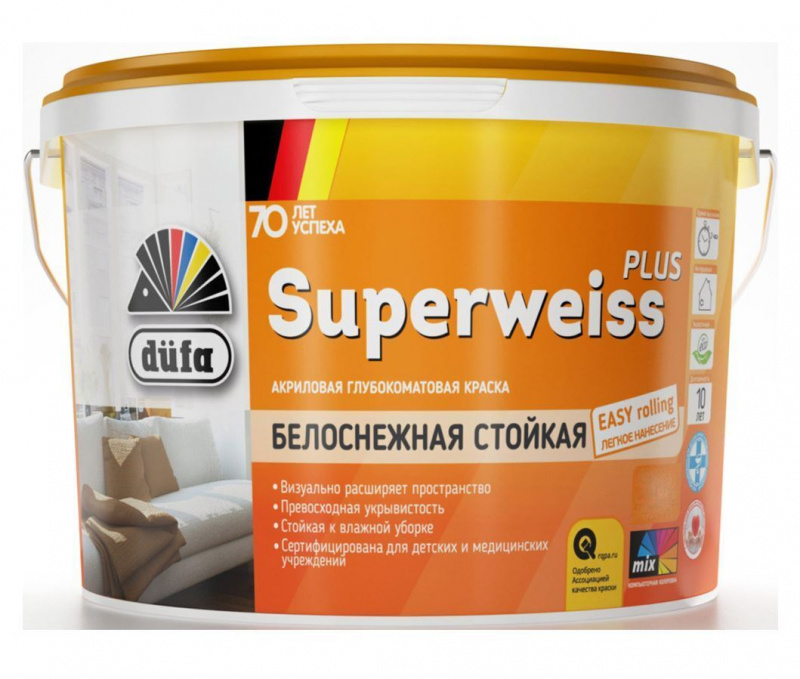 Краска для стен и потолков акриловая Dufa Retail Superweiss Plus глубокоматовая белая 10 л.