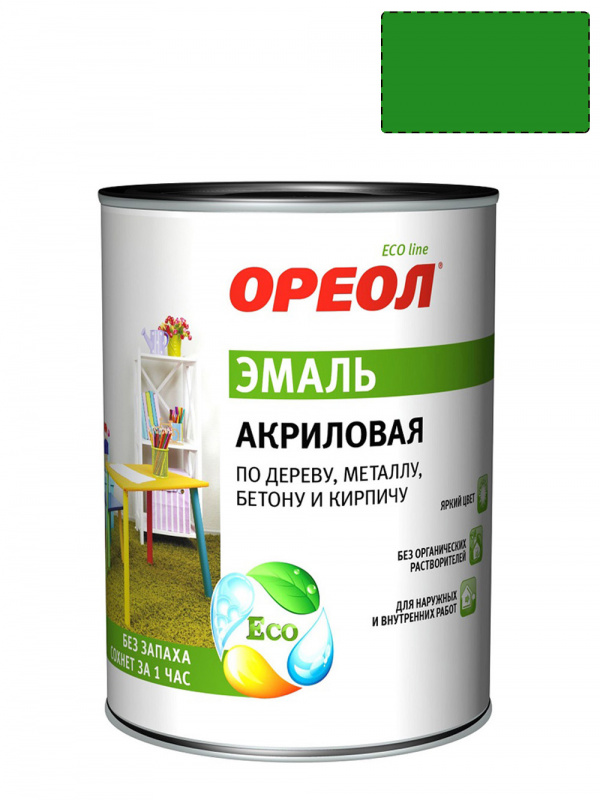 Эмаль универсальная акриловая Ореол глянцевая зеленая 0,9 кг.
