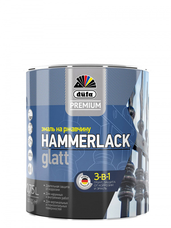Эмаль на ржавчину Dufa Premium Hammerlack 3-в-1 гладкая База 1 (0,75 л)