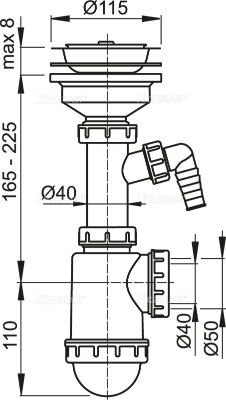 Сифон для мойки AlcaPlast A446P-DN50/40, 3 1/2*40 с отводом