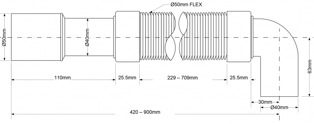 Гофропровод для сифона McAlpine MRMF2E90 1 1/4*40/50мм,угол 90, 1,0 м.