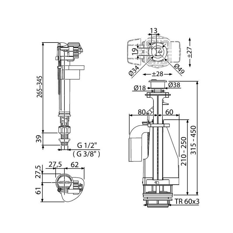 Сливная арматура AlcaPlast SA08AS 1/2" CHROM с нижней подводкой 1/2"