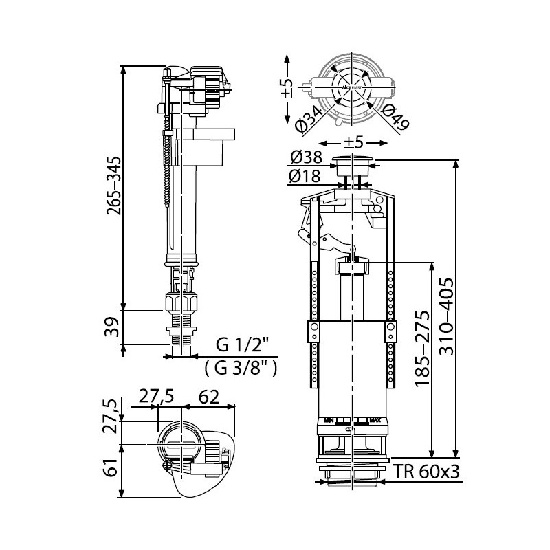 Сливная арматура AlcaPlast SA2000S 1/2" CHROM с нижней подводкой 1/2"