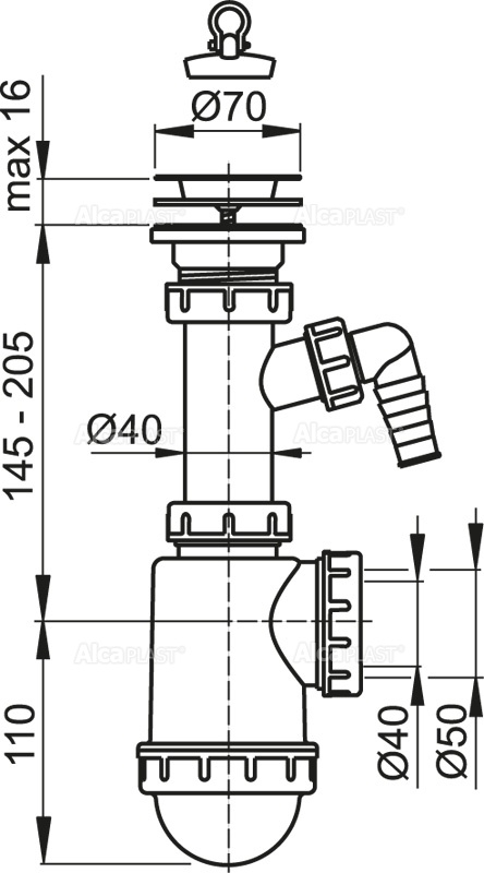 Сифон для мойки AlcaPlast A441P-DN50/40, 1 1/2*40 с отводом