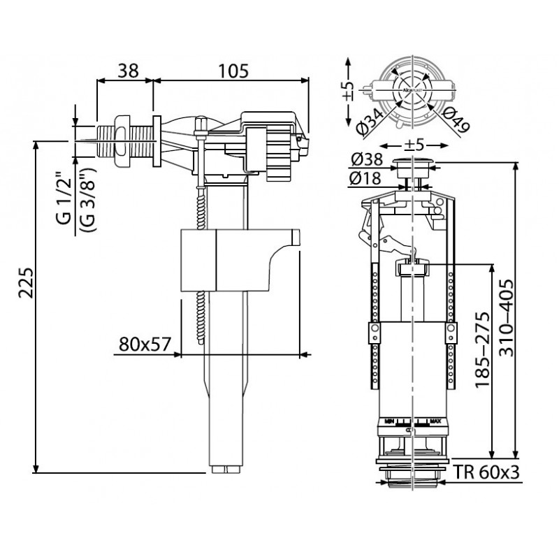 Сливная арматура AlcaPlast SA2000 1/2" CHROM с боковой подводкой 1/2"