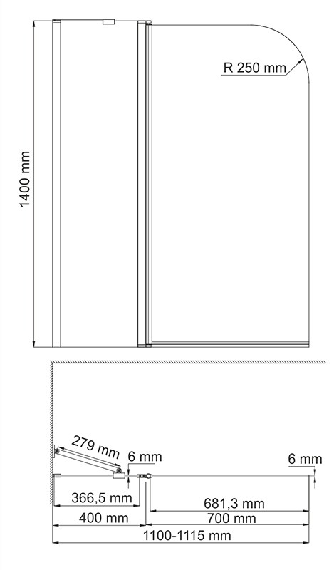 Шторка стеклянная на ванну Wasserkraft Leine 35P02-110 Fixed, 110(70+40)х140
