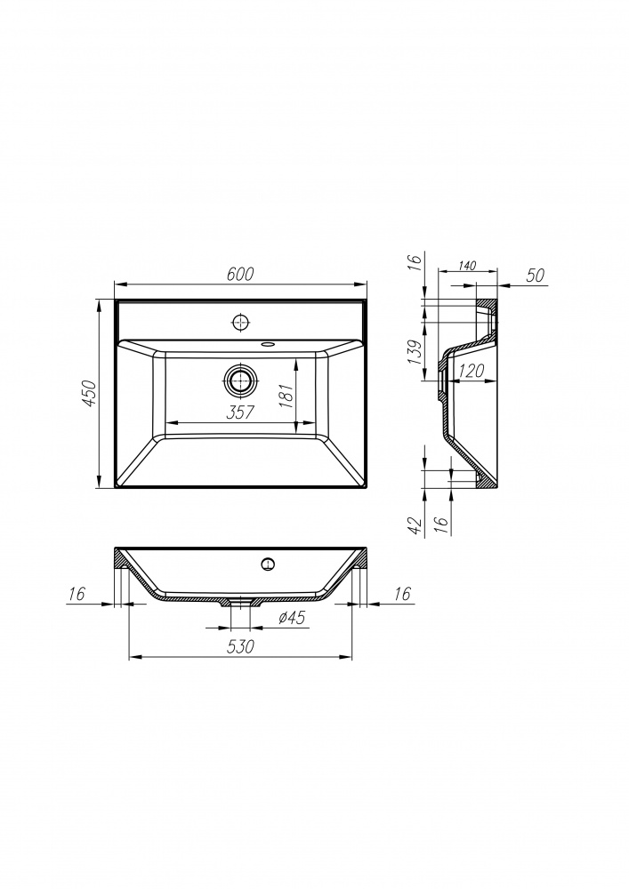 Раковина встраиваемая Belbagno BB600/450-LV-MR-AST белая, ширина 60 см.